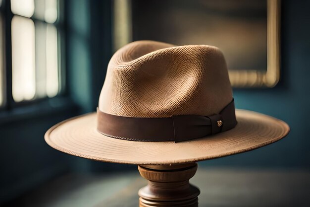 Un sombrero con una banda marrón está sobre una mesa.