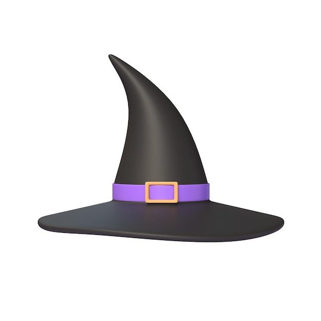 Sombrero de bruja 3D en el estilo de dibujos animados elemento de diseño para la ilustración de vacaciones de Halloween aislado en fondo blanco renderización 3D