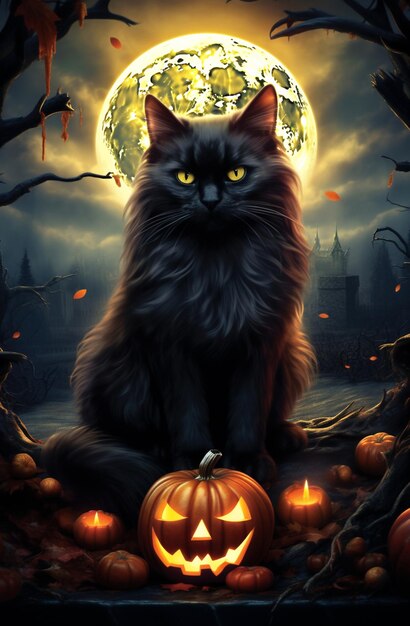 sombrero de bruja de gato negro en la noche en luna llena criaturas fantásticas ilustración de halloween