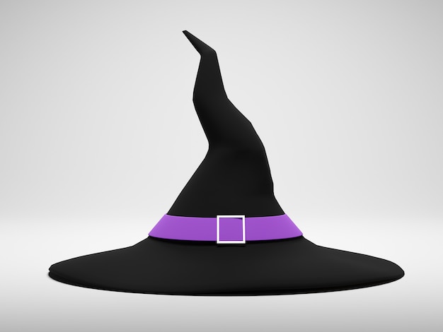 Sombrero de bruja negro sobre fondo blanco para el día de Halloween. Render 3D, Ilustración 3D.