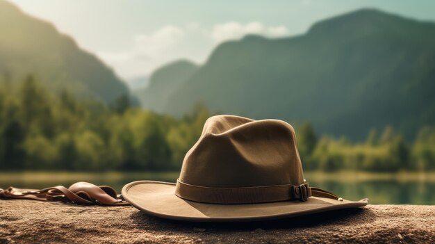 Sombrero y cadena en una roca cerca del lago