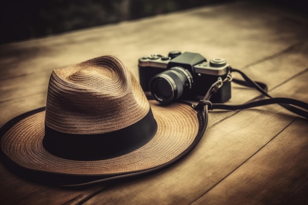 Sombrero y cámara descansando sobre un suelo de madera IA generativa