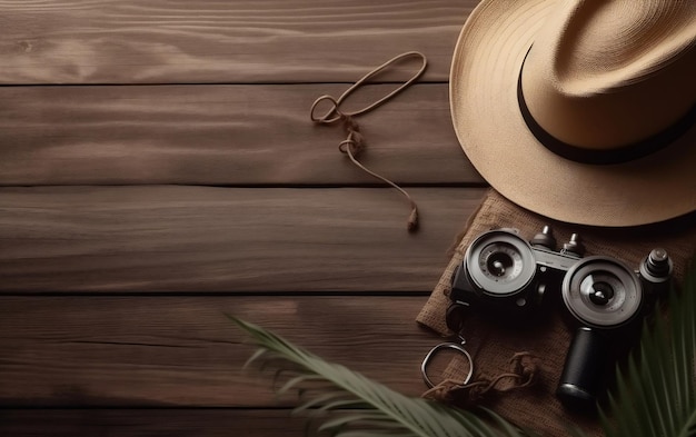 Un sombrero y una cámara sobre una mesa de madera.