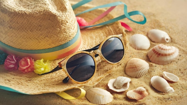 Sombrero cerca de gafas de sol y conchas marinas en la arena