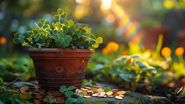 Sombrero y cerveza de Shamrock del día de San Patricio con ilustraciones de fondo verde