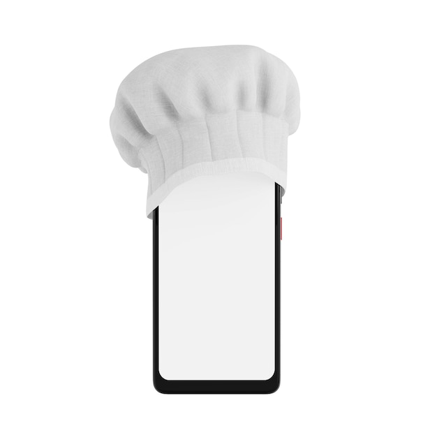 Sombrero de chef profesional blanco claro en la parte superior del teléfono móvil moderno teléfono inteligente con pantalla en blanco para su diseño renderización 3D