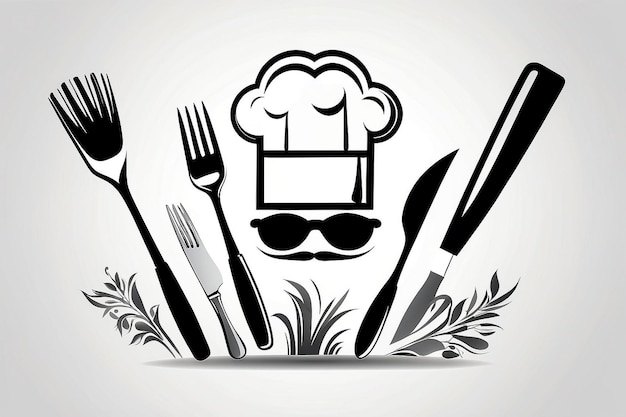 Foto sombrero de chef y utensilios firman diseño de ilustración gráfica sobre blanco