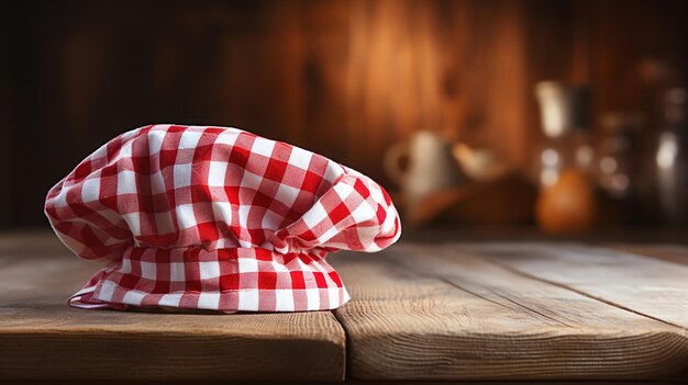 Foto sombrero de chef39s en mesa de madera con servilleta roja de gingham telón de fondo de cocina rústico