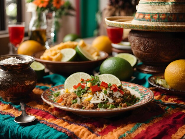 El sombrero de Cinco de Mayo descansa en una mesa junto a un cuenco de limas verdes