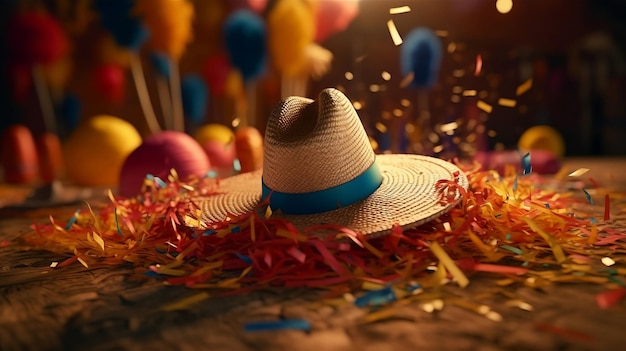 Un sombrero con una cinta azul está rodeado de globos.