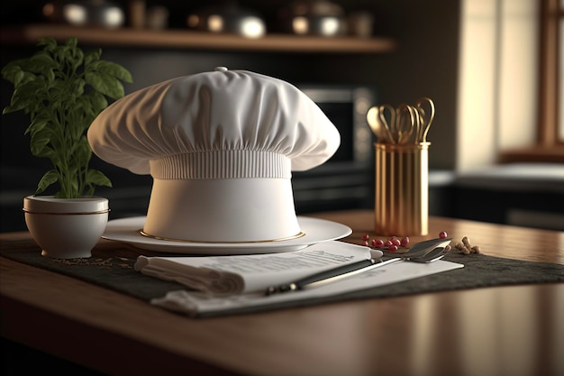 Foto sombrero de cocinero blanco en el escritorio y en el interior de la cocina