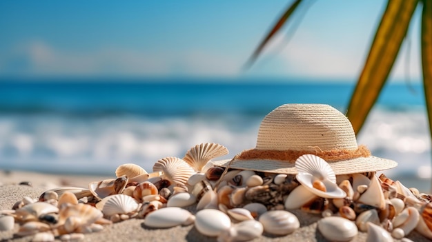 Un sombrero y conchas en la playa.