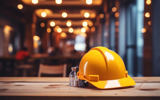 Sombrero de construcción en mesa de madera con fondo borroso