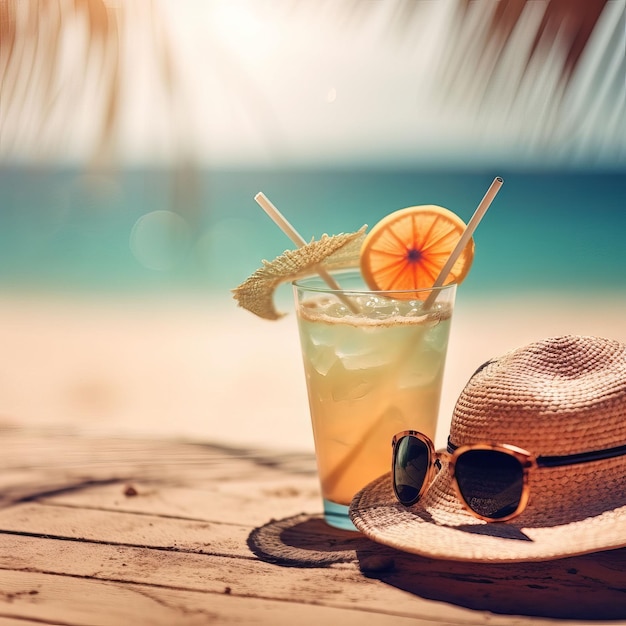 Un sombrero y una copa de cóctel en una mesa con un sombrero y un sombrero de paja en la playa.