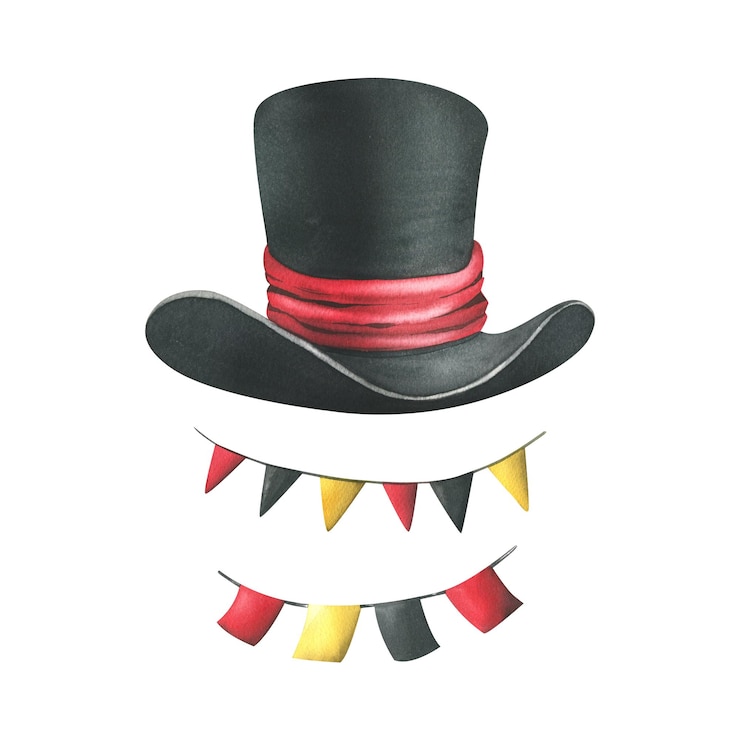 Foto sombrero de copa negro con cinta de raso rojo guirnalda banderas de papel ilustración acuarela dibujada a mano aislada