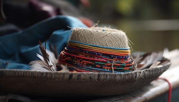 Un sombrero con cuentas de colores.