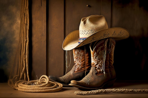 Foto sombrero y cuerda junto a viejas botas de vaquero en granero