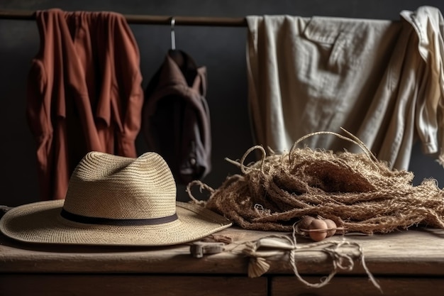 Sombrero y cuerda sobre una mesa de madera.