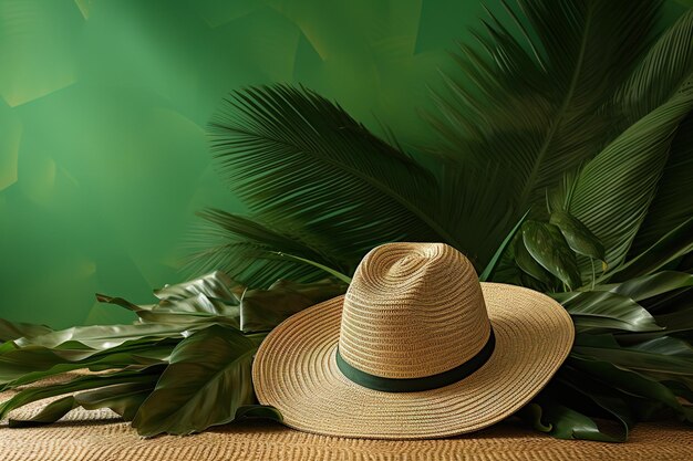 Foto sombrero de paja veraniego y hojas de palmera sobre fondo verde