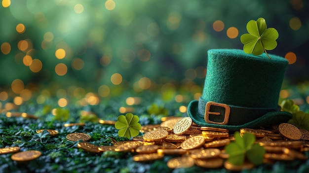 Sombrero de duende del día de San Patricio monedas de oro y tréboles sobre fondo verde