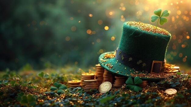 Sombrero de duende del día de San Patricio monedas de oro y tréboles sobre fondo verde