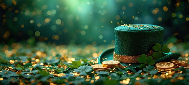 Sombrero de duende del día de San Patricio monedas de oro y tréboles sobre fondo verde