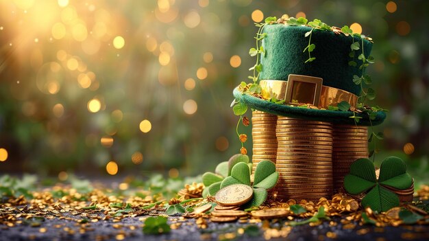 Foto sombrero de duende del día de san patricio monedas de oro y tréboles sobre fondo verde