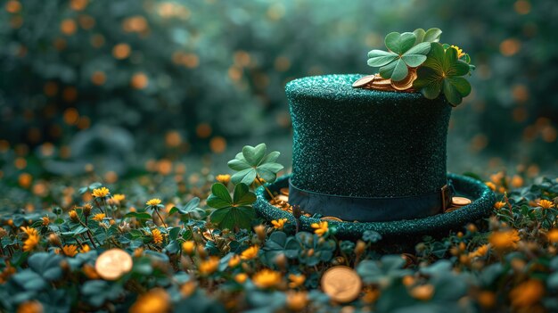 Foto sombrero de duende del día de san patricio monedas de oro y tréboles sobre fondo verde