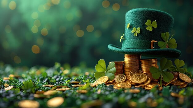 Sombrero de duende del día de San Patricio monedas de oro y tréboles sobre fondo verde