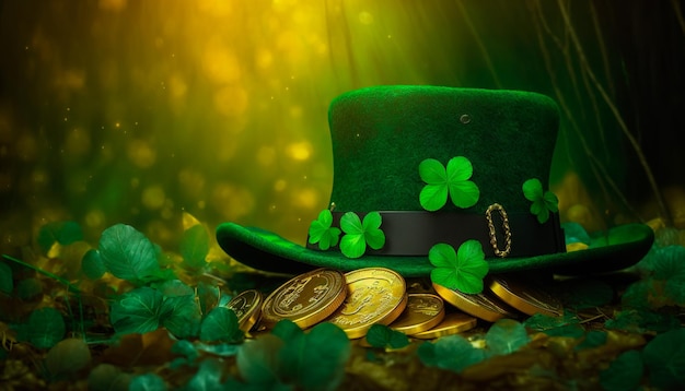 Sombrero de duende con trébol y monedas de oro en el bosque Símbolos del día de San Patricio