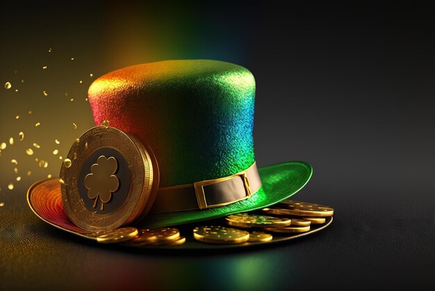 Sombrero de duende verde del día de San Patricio con monedas bajo IA generativa