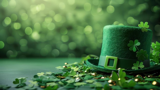 Un sombrero de duende verde está sentado en una superficie de madera rodeado de tréboles y monedas de oro