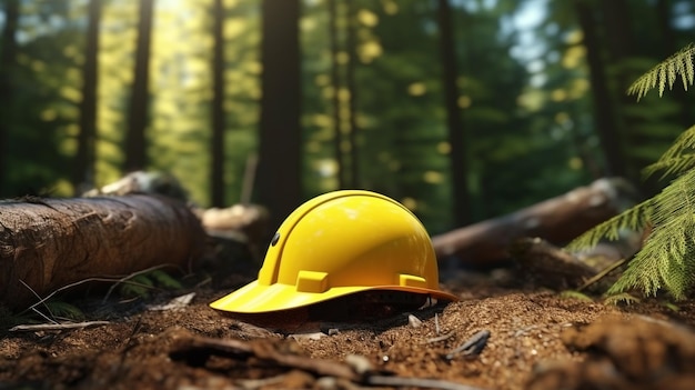 Sombrero duro amarillo en el fondo del día del trabajo forestal