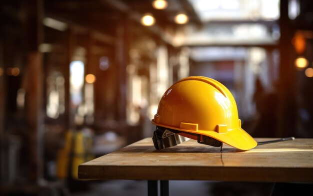 Sombrero duro colocado en una mesa de madera con un fondo de construcción borroso