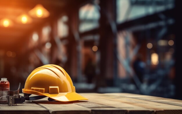 Sombrero duro en mesa de madera con borrón de construcción