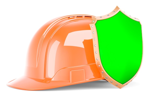 Sombrero duro naranja de construcción con renderizado 3D de escudo