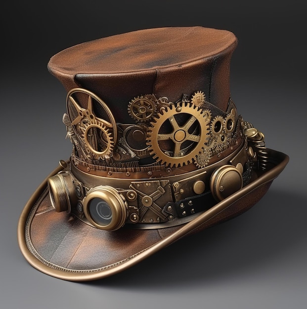 Un sombrero con engranajes y una parte superior dorada que dice steampunk.