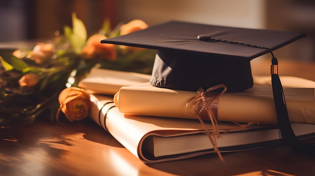 Foto el sombrero del estudiante en la mesa.