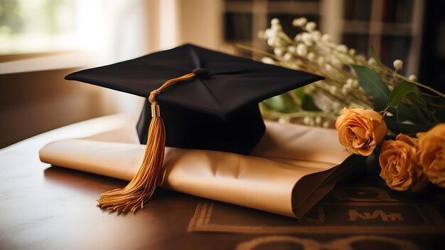 El sombrero del estudiante en la mesa.