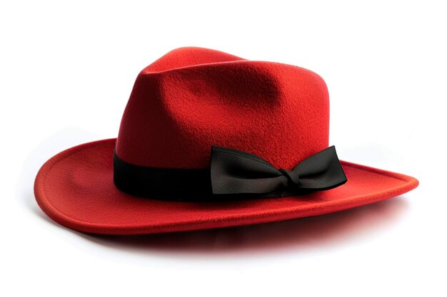 Foto sombrero fedora rojo sobre fondo blanco