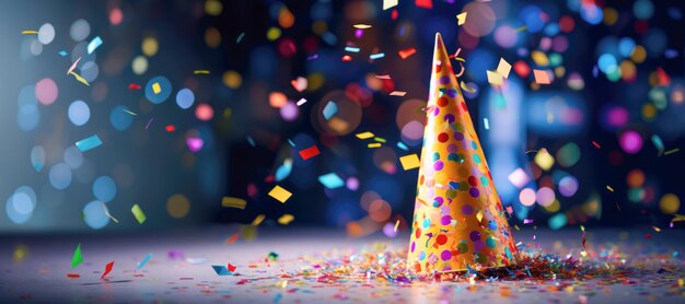 Un sombrero de fiesta de cumpleaños adornado con coloridos confeti listo para traer alegría y emoción a la celebración