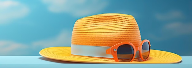 Foto un sombrero y gafas con cielos azules al estilo renderizado en cinema4d