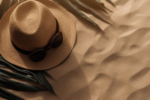 Un sombrero con gafas de sol se asienta sobre una duna de arena.