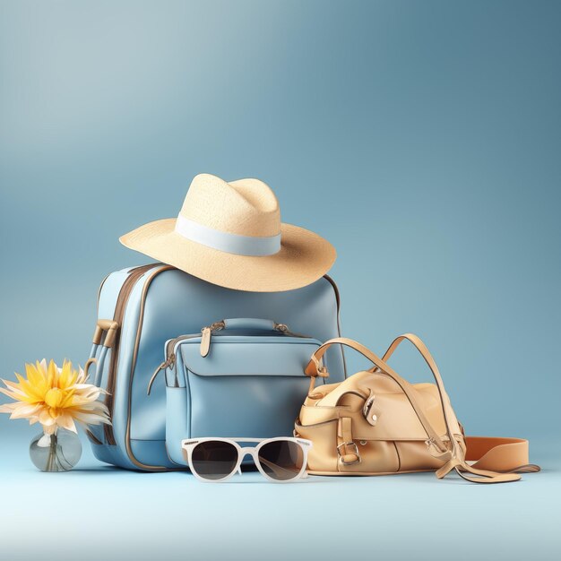 sombrero y gafas de sol y bolsa sobre un fondo azul suave en el diseño de viaje