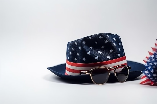 Un sombrero y gafas de sol están sobre un fondo blanco con la palabra ee.uu.