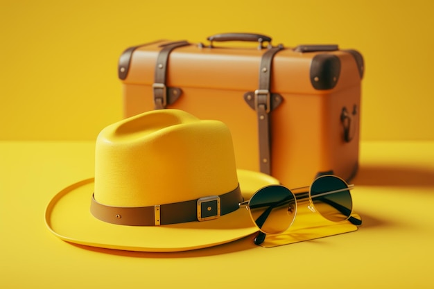 Sombrero gafas de sol y maleta sobre fondo amarillo IA generativa