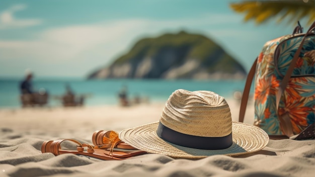 Un sombrero y gafas de sol en una playa con una palmera al fondo.