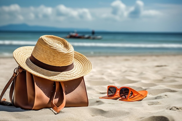 Un sombrero y gafas de sol en una playa