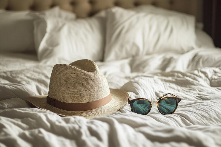 Un sombrero y gafas de sol se sientan en la cama con ahat