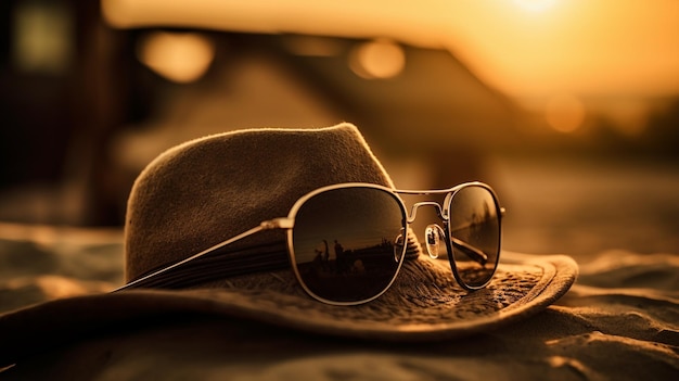 Un sombrero y gafas de sol se sientan en una playa con la puesta de sol detrás de ellos.